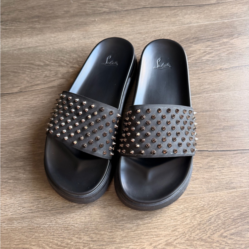 Christian Louboutin Black Slide Sandals with Signature Spikes